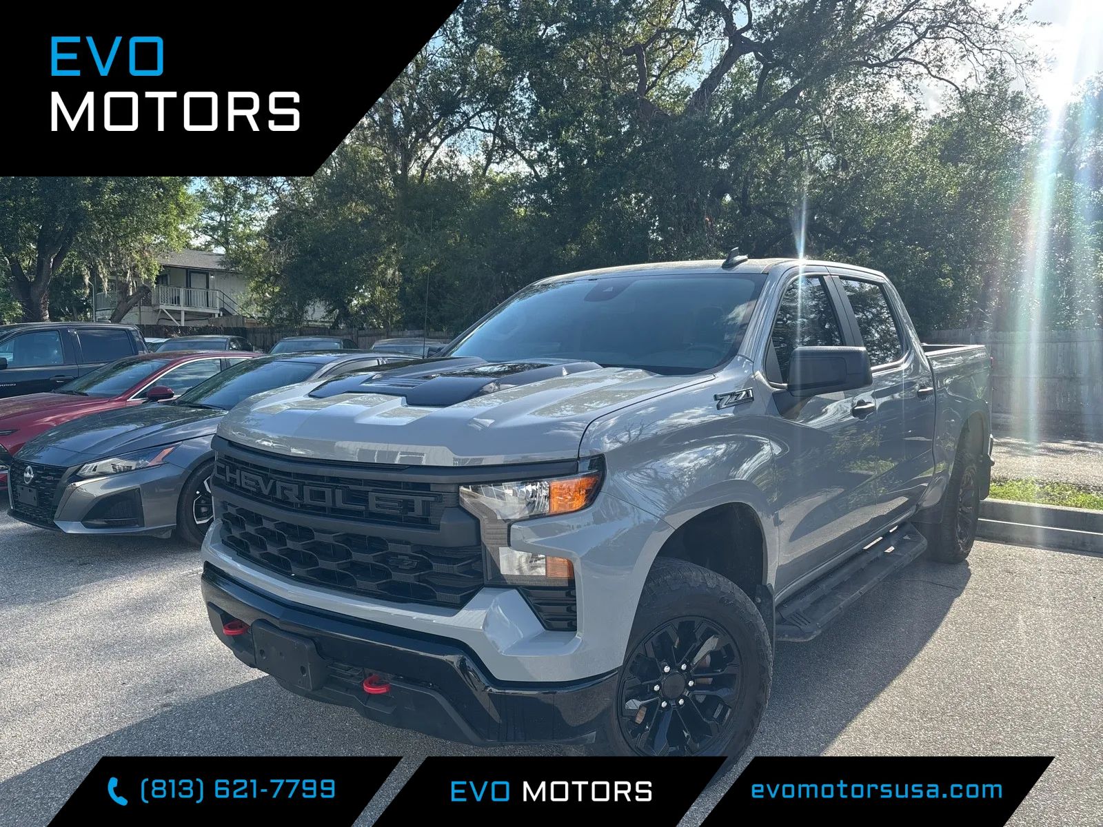 Gray 2025 Chevrolet Silverado 1500 Custom Trail Boss Crew Cab 4WD Pickup Truck Four-Wheel Drive Automatic